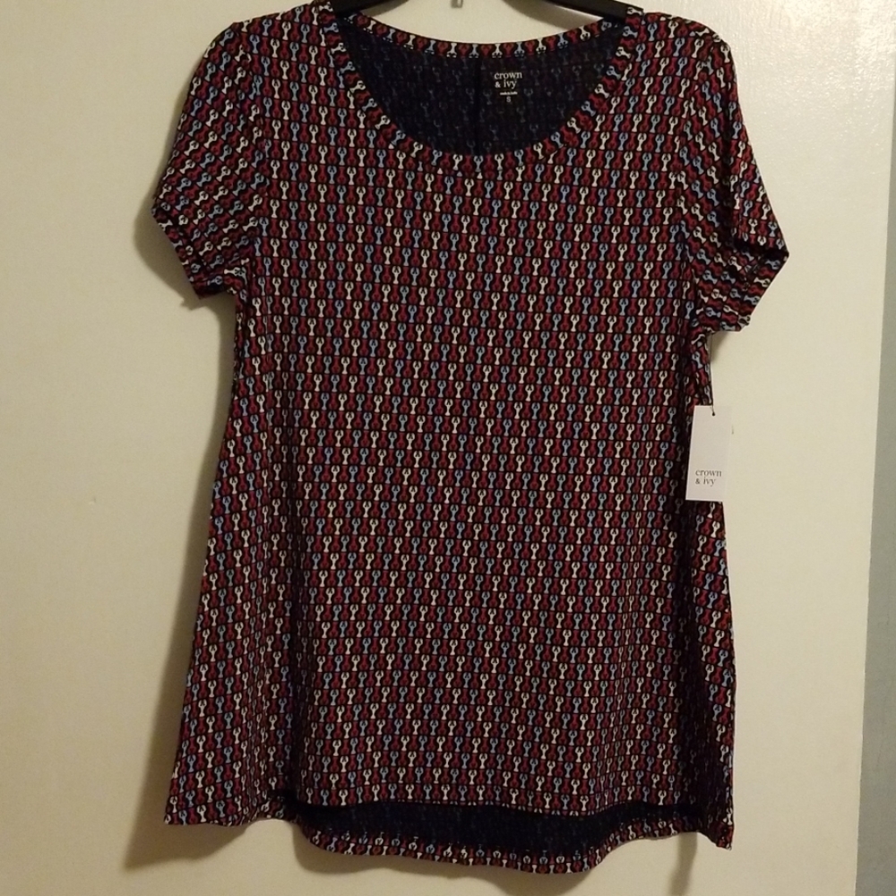 Crown & Ivy Red, Lt Blue &White SS Blouse Sz S NWT